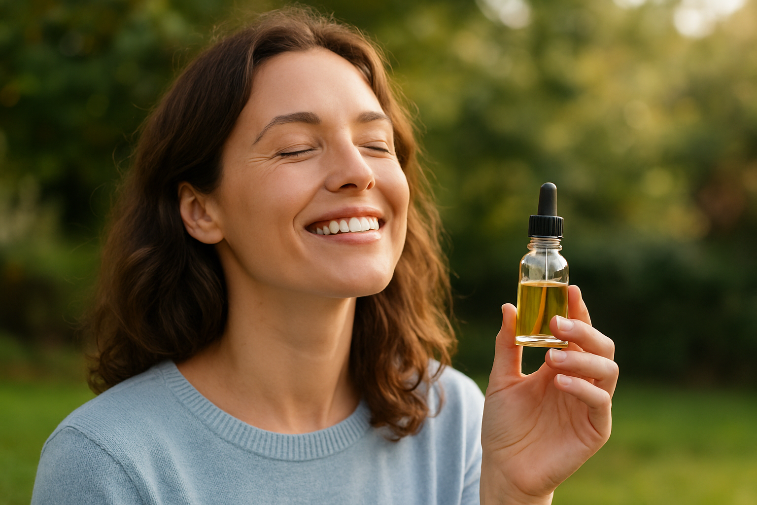 Woman holding a Delta-8 THC product bottle with eyes closed, conveying relaxation, mood-boosting benefits, stress relief, and mental clarity
