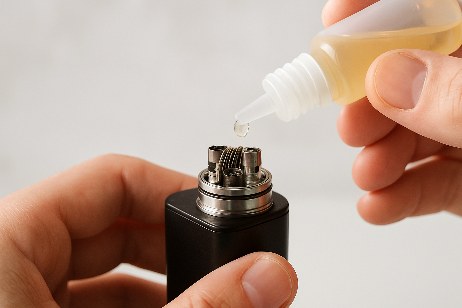 A person priming vape coils by dripping e-liquid onto a build deck with coils and a tank.