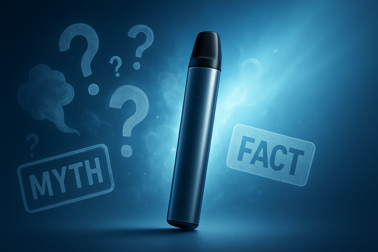 Vape device with dissolving myth symbols and bright lighting, representing uncovering the truth about common vaping myths