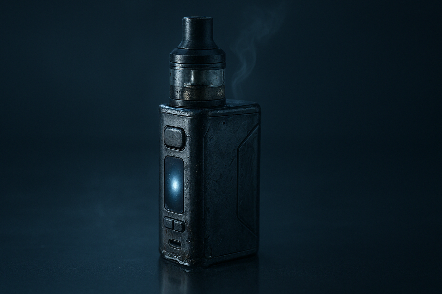 A dark-colored vape device with smoke rising from the top, sitting on a black surface