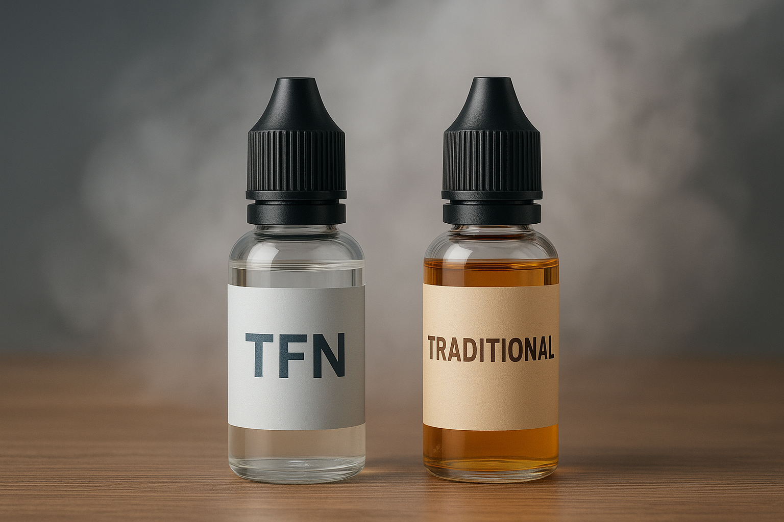 Two vape juice bottles on a wooden surface, one labeled TFN and the other labeled TRADITIONAL