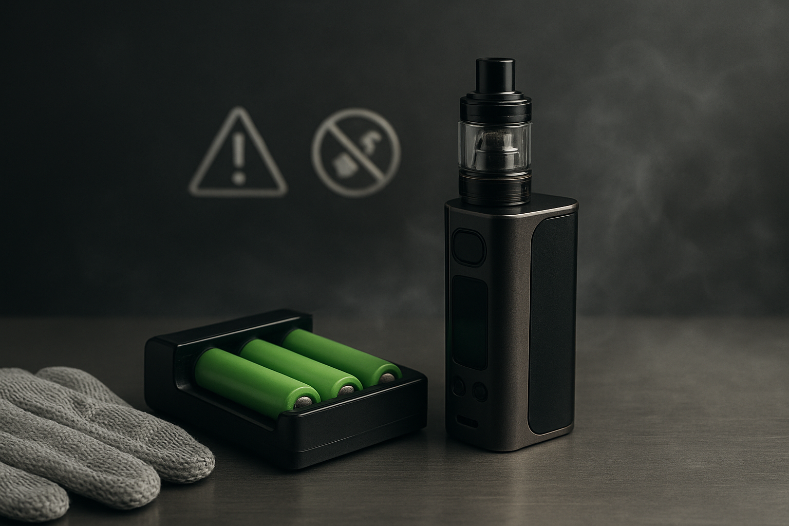 A black vape device next to a battery charger with green batteries and gray gloves