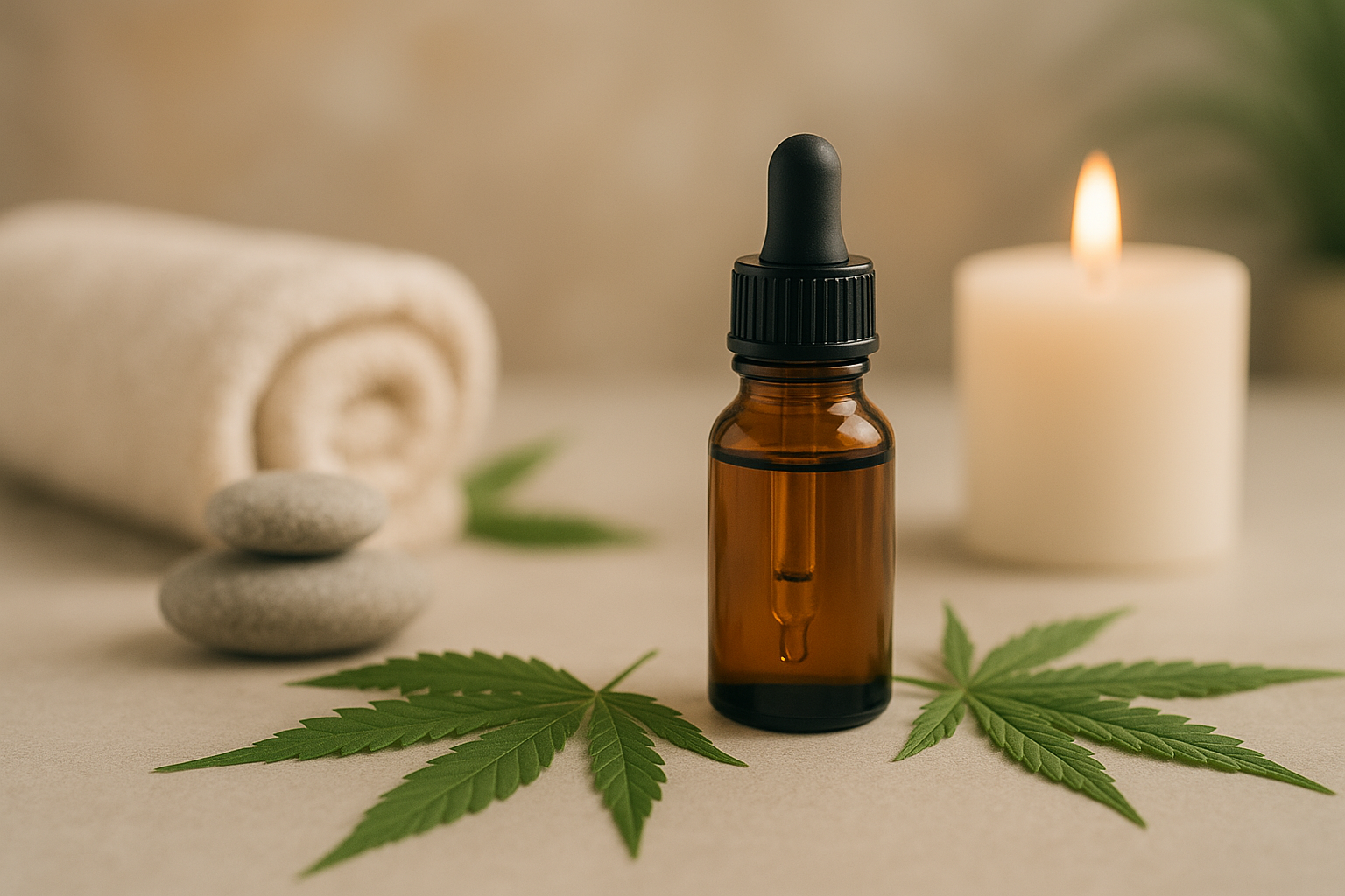 Amber glass dropper bottle with cannabis leaves and smooth stones, next to a white candle and towel.
