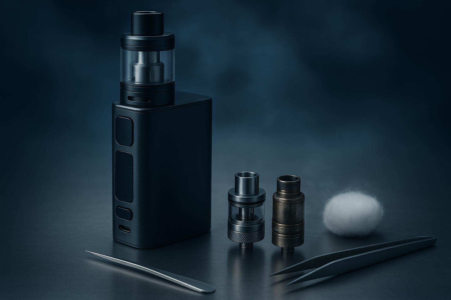 A black vape mod with a clear tank, two metal tanks, cotton, and tweezers on a metal surface