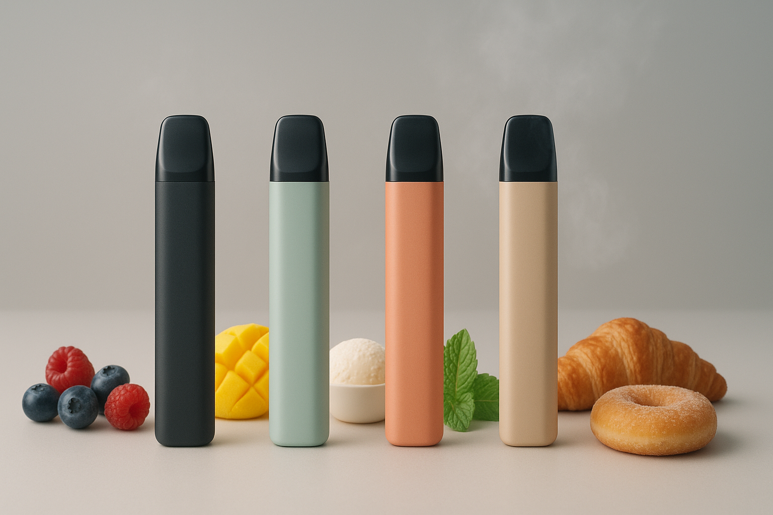 Four flavored vape pens next to fruits, ice cream, a croissant, and a donut