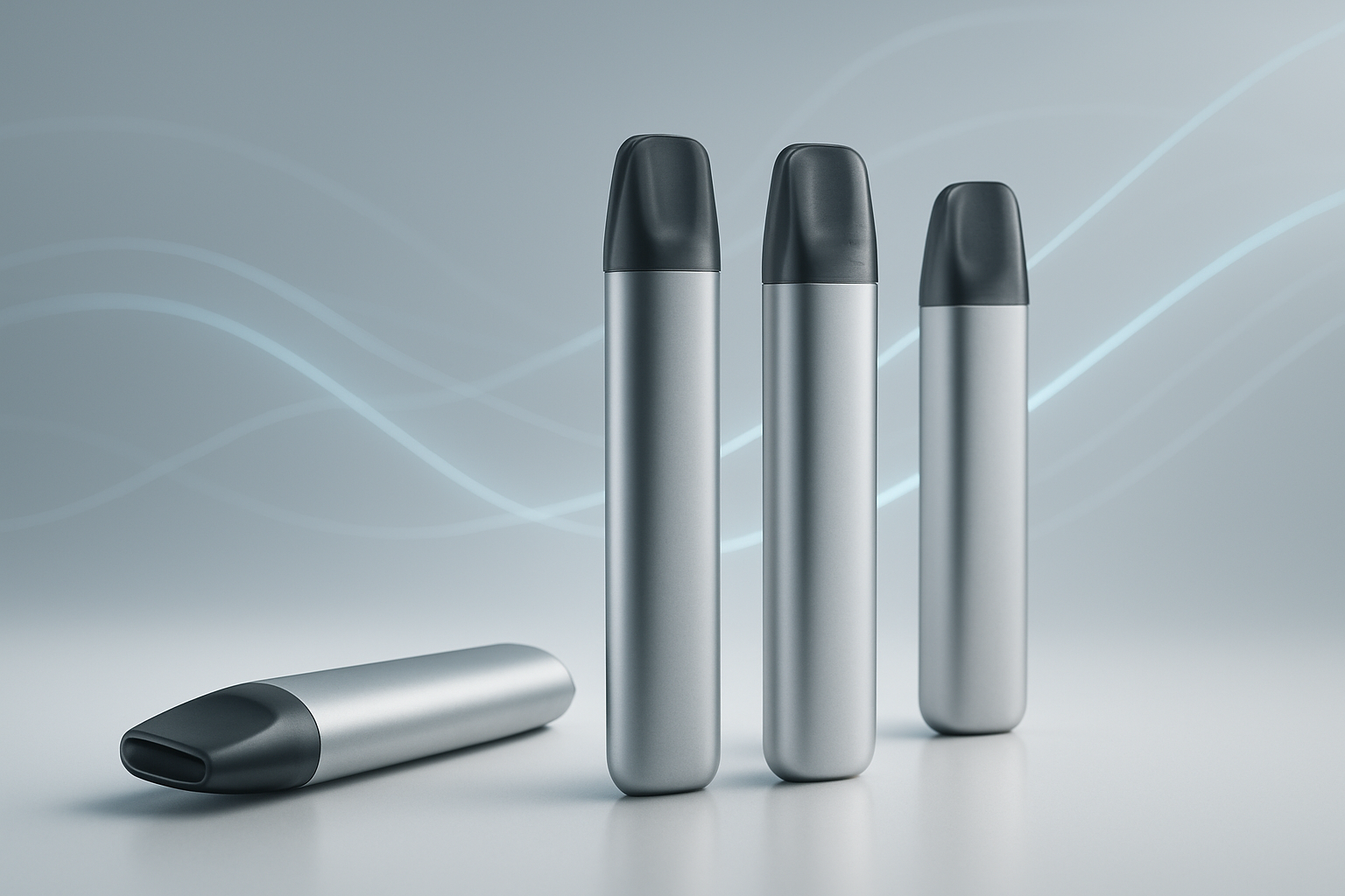 Four sleek, silver vaping devices with black tops, one lying down