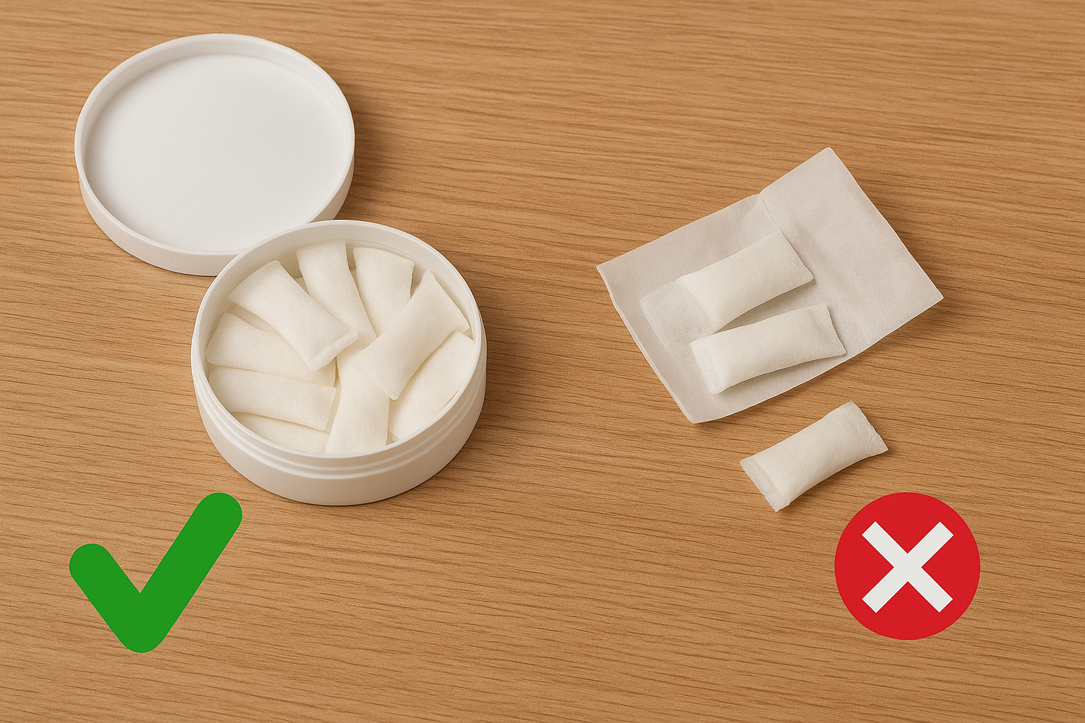 Nicotine pouches shown on a wooden table, with a round container of neatly arranged pouches marked with a green check and loose pouches in paper marked with a red X