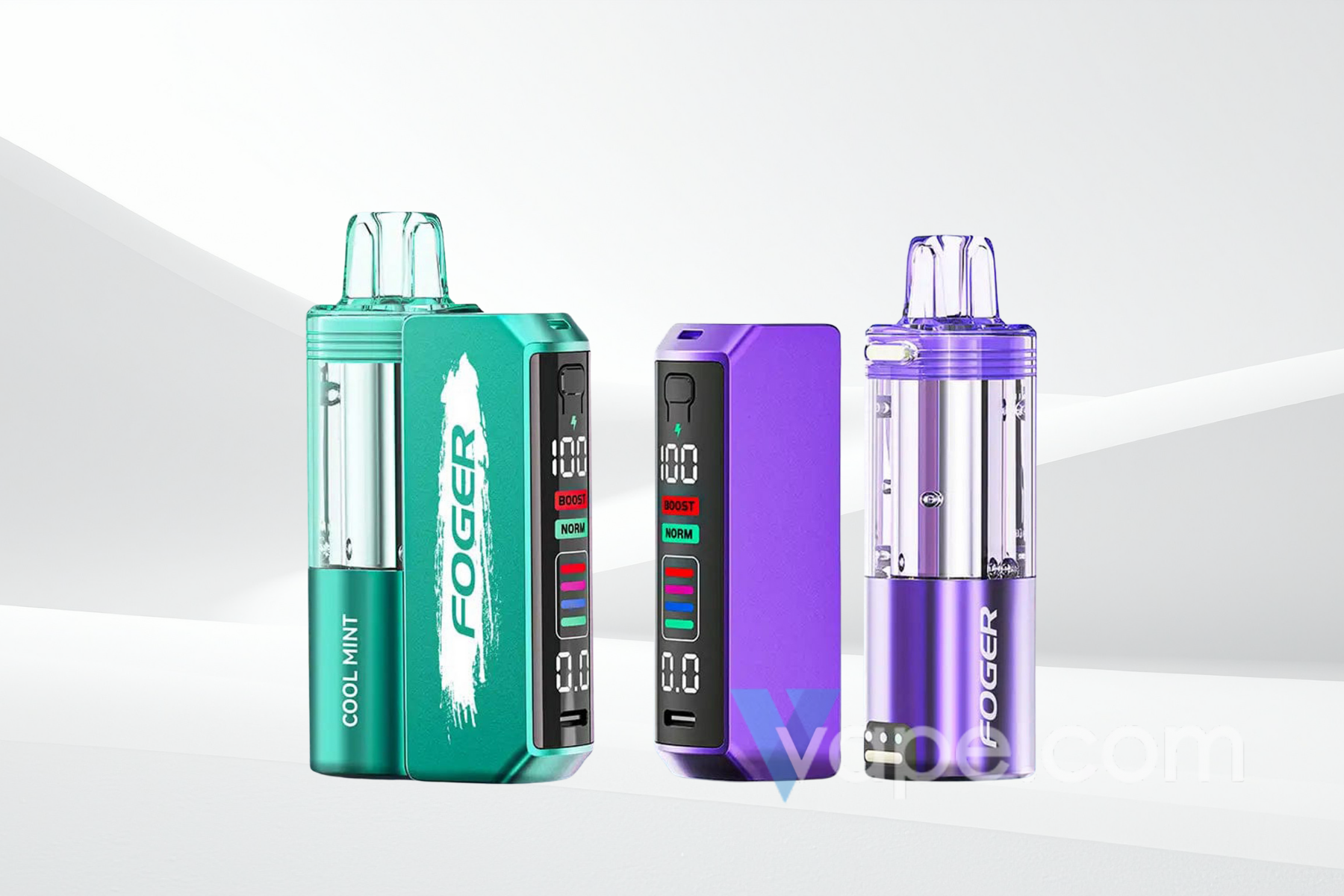 Two FOGER vaping devices: one teal with 'Cool Mint' and one purple with LED display