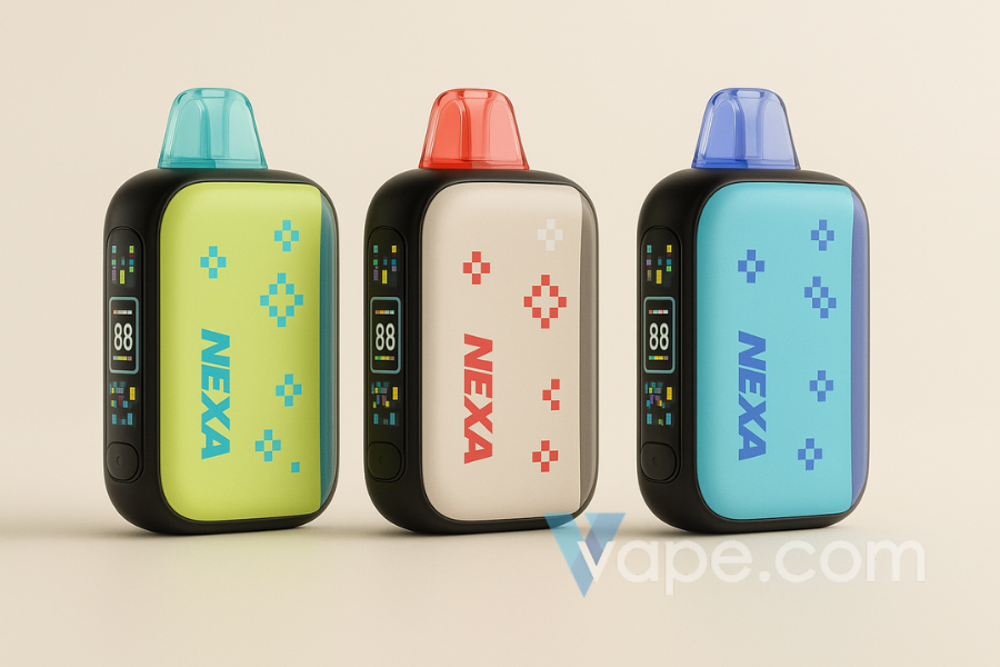 NEXA PIX disposable vapes in green, beige, and blue on minimalist background