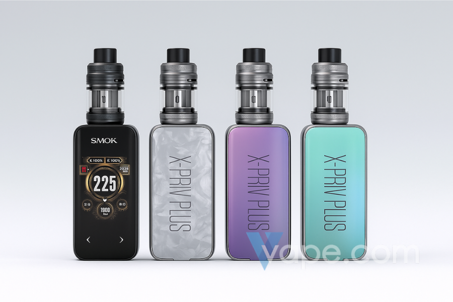 Four SMOK X-Priv Plus vape kits in sleek gradient and marble finishes displayed upright on a light background, showcasing their modern design and advanced digital screen interface