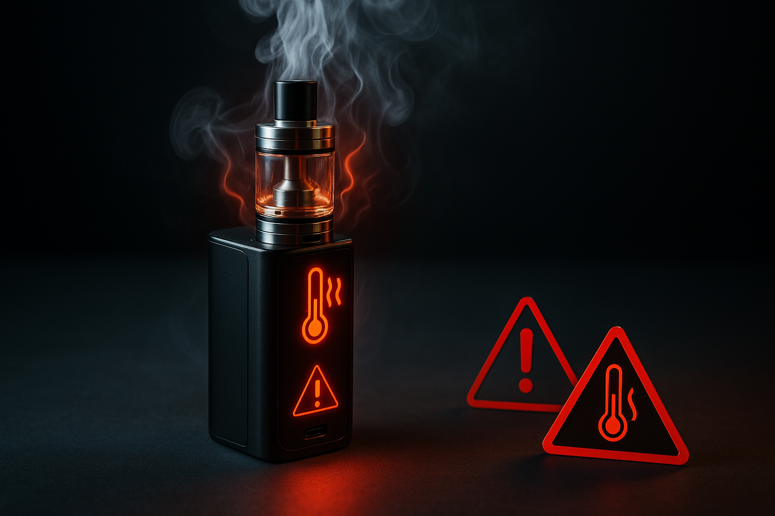 Overheating vape device with visible heat and vapor, illustrating vape safety tips, causes of overheating, and prevention methods
