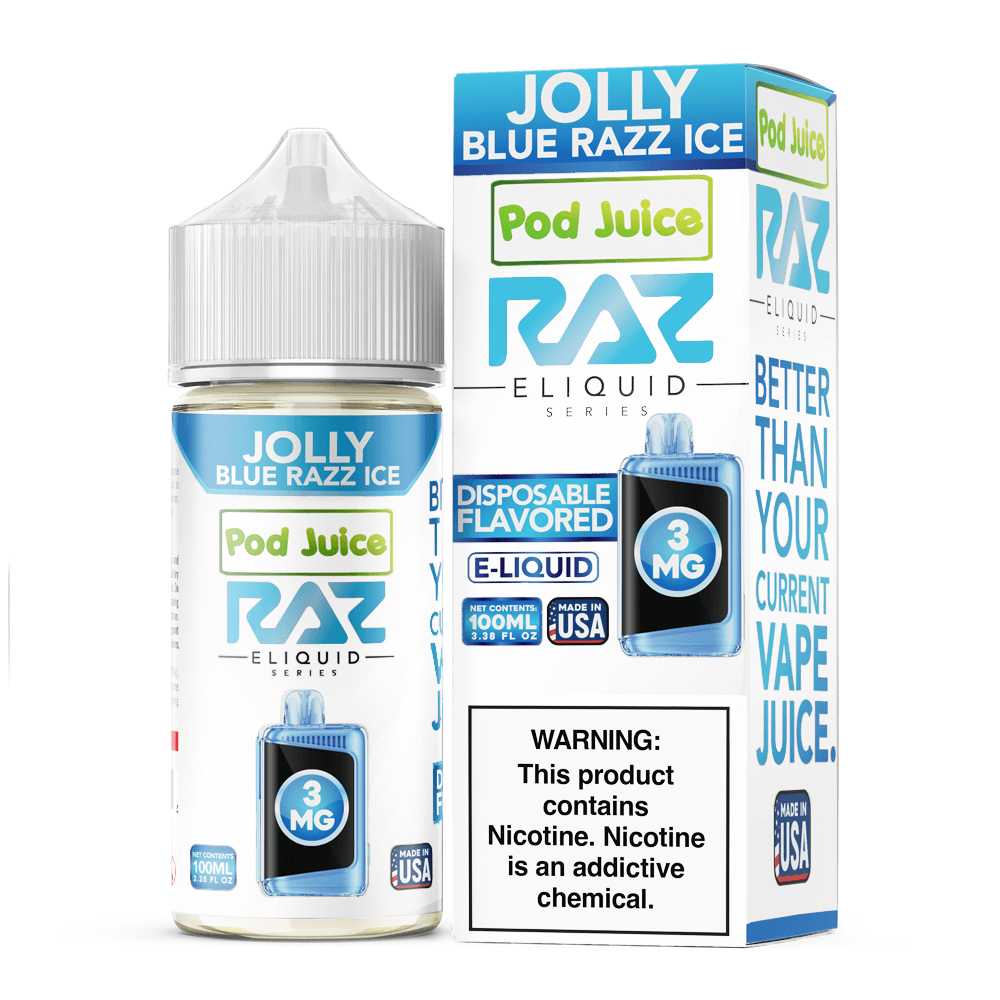 Jolly Blue Razz Ice | Pod Juice x RAZ | 100mL 3mg bottle with packaging