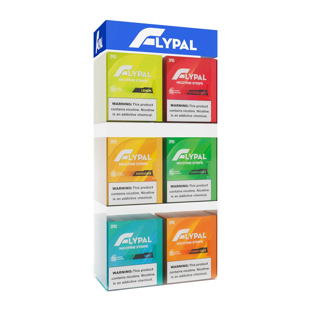 FLYPAL Nicotine Strips Loaded Counter – Acrylic Shelving Unit (SAS) (30pc Display) with packaging