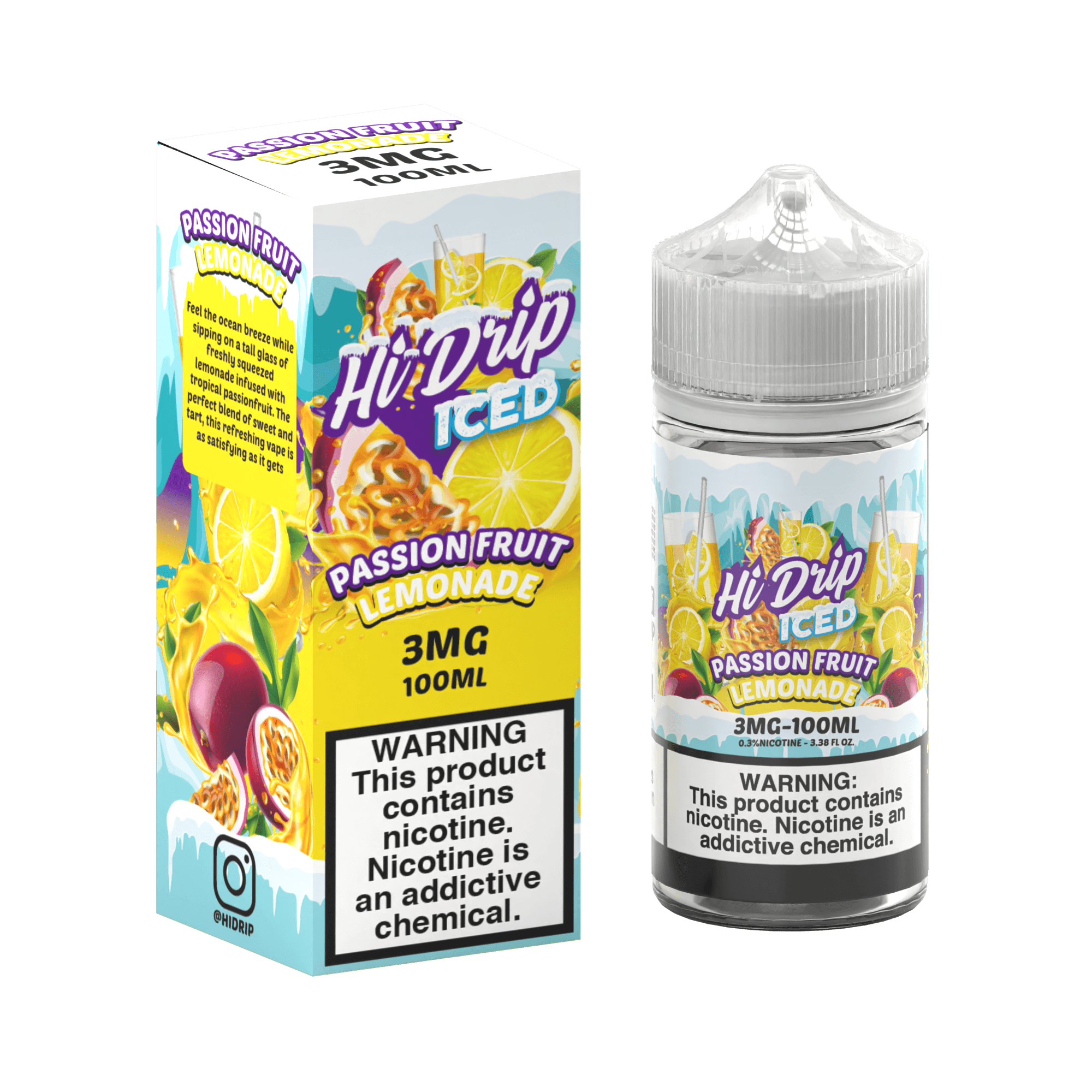Passionfruit Fruit Lemonade Iced Hi-Drip 100mL 3mg bottle with packaging