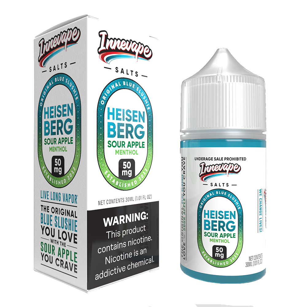 Heisenberg Sour Apple Menthol Innevape Salts 30mL 50mg bottle with packaging
