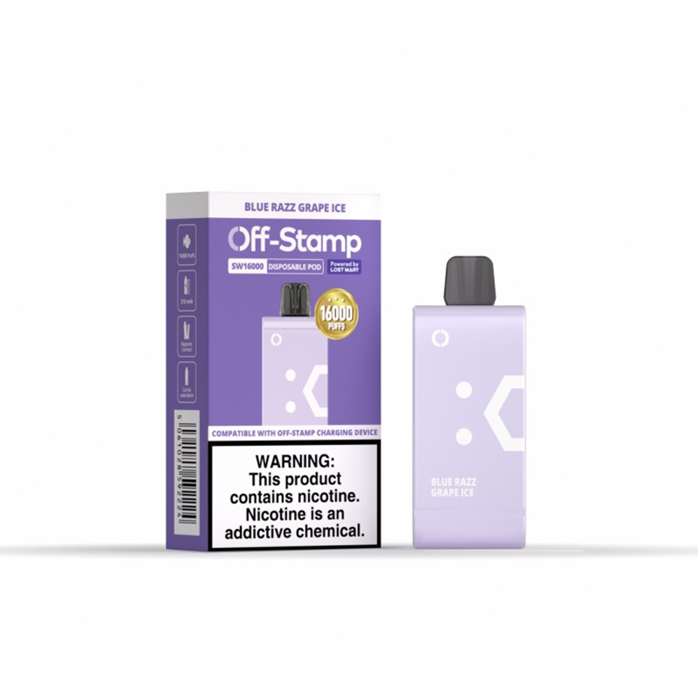 Off Stamp SW16000 E-Cig Disposable 16000 Puffs 17mL 50mg Blue Razz Grape Ice with packaging