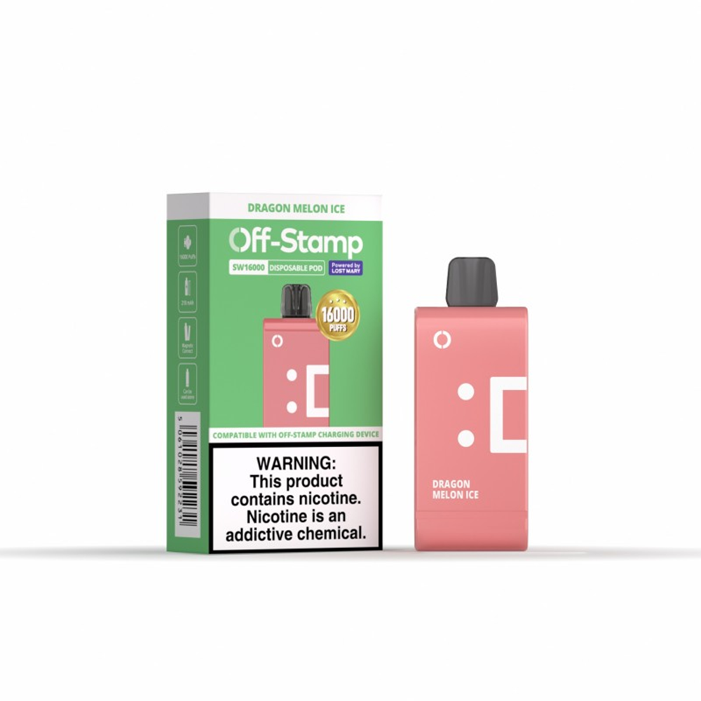 Off Stamp SW16000 E-Cig Disposable 16000 Puffs 17mL 50mg Dragon Melon Ice with packaging