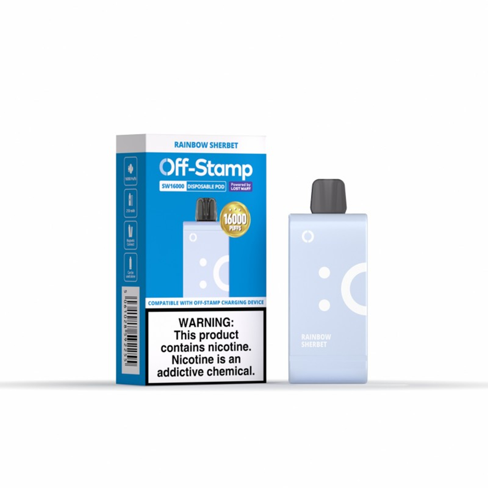 Off Stamp SW16000 E-Cig Disposable 16000 Puffs 17mL 50mg Rainbow Sherbet with packaging