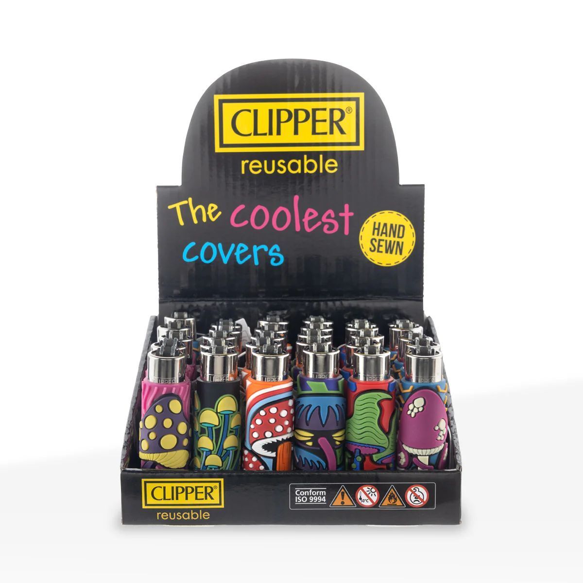 Clipper (DSPLY 30pc)(Lighter) CP11R Reusable Classic Large assorted mushroom design packaging