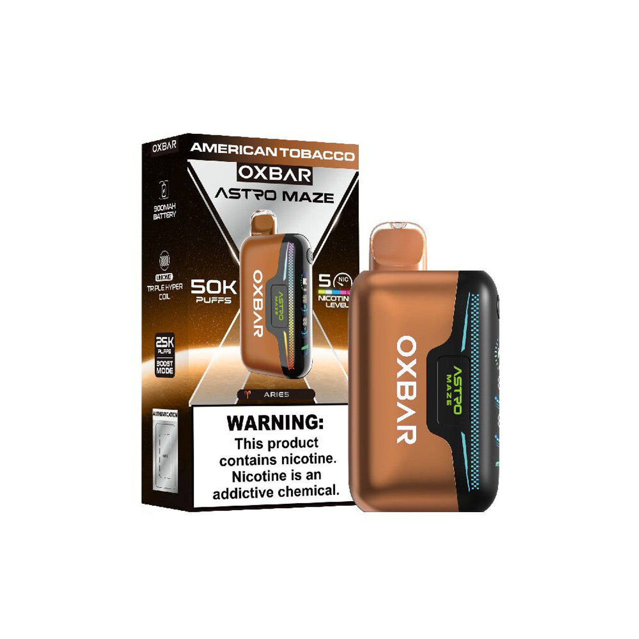 Oxbar Astro Maze 50K Disposable American Tobacco with packaging