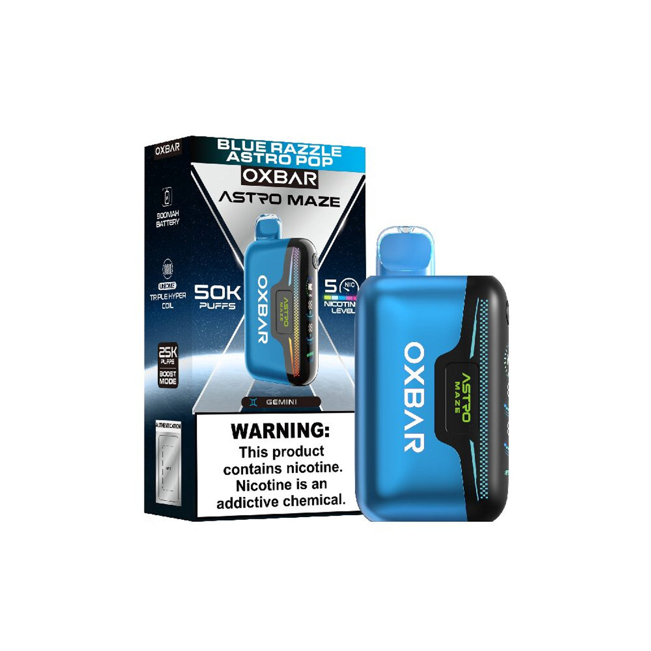 Oxbar Astro Maze 50K Disposable Blue Razzle Astro Pop with packaging