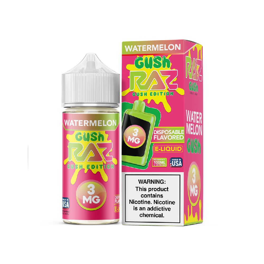 Watermelon Gush Pod Juice x RAZ 100mL 3mg bottle with packaging