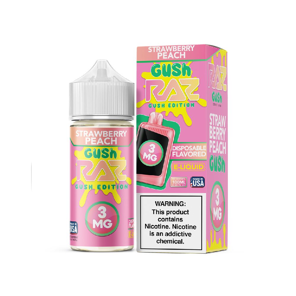 Strawberry Peach Gush Pod Juice x RAZ 100mL 3mg bottle with packaging