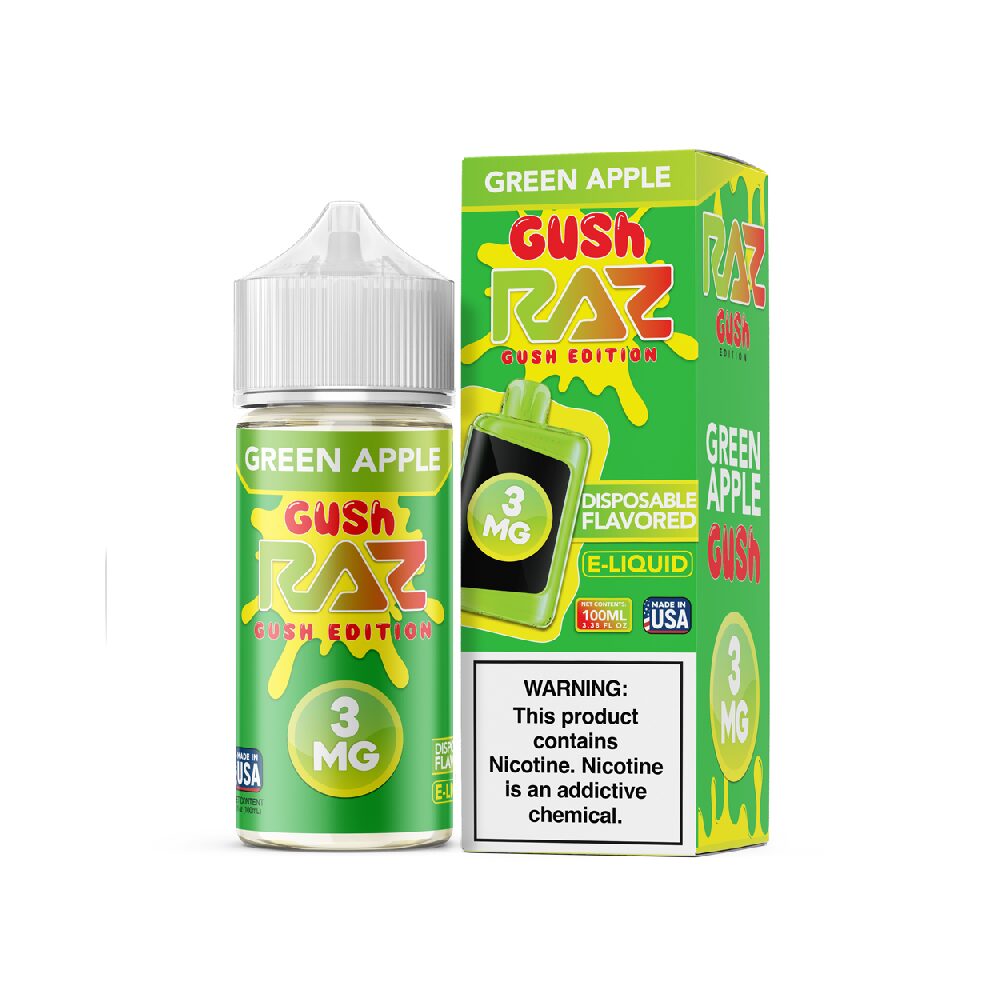 Green Apple Gush Pod Juice x RAZ 100mL 3mg bottle with packaging