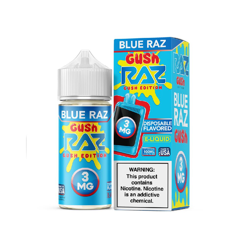 Blue Razz Gush Pod Juice x RAZ 100mL 3mg bottle with packaging