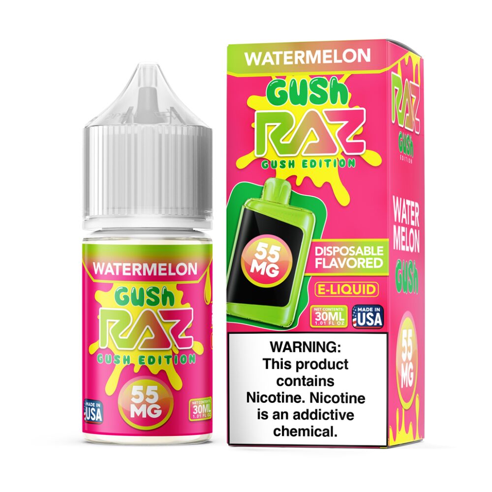 Watermelon Gush Pod Juice x RAZ Salts 30mL 55mg bottle with packaging