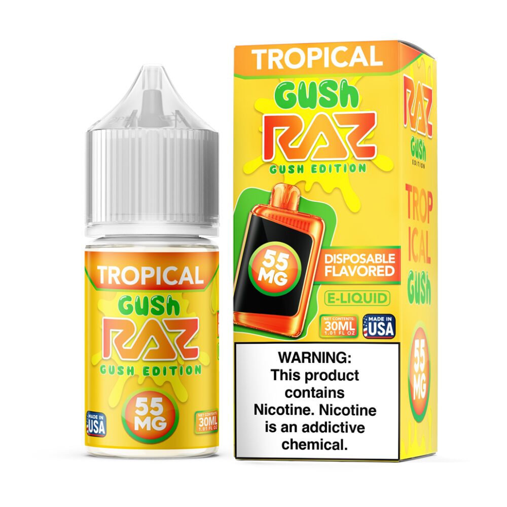 Tropical Gush Pod Juice x RAZ Salts 30mL 55mg bottle with packaging