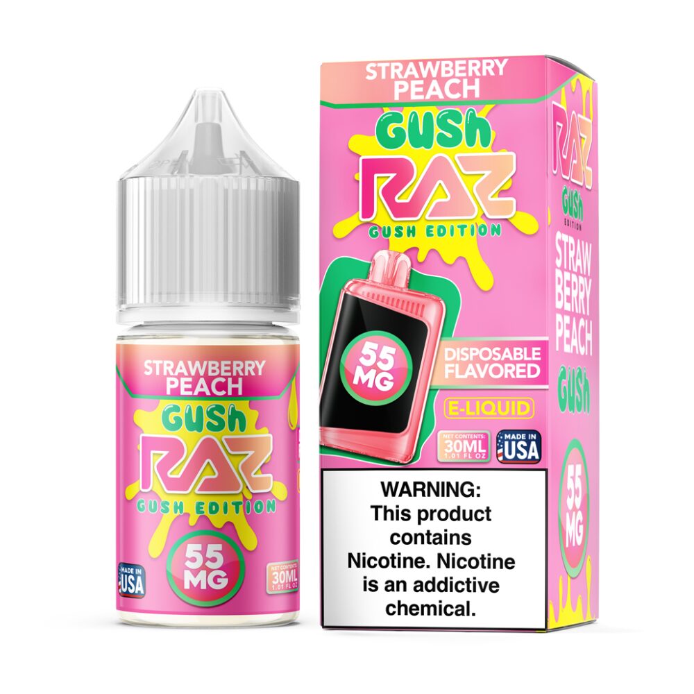 Strawberry Peach Gush Pod Juice x RAZ Salts 30mL 55mg bottle with packaging