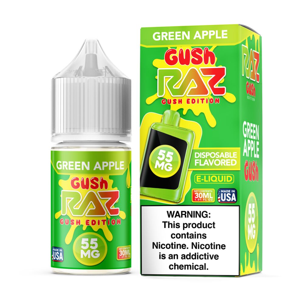 Green Apple Gush Pod Juice x RAZ Salts 30mL 55mg bottle with packaging
