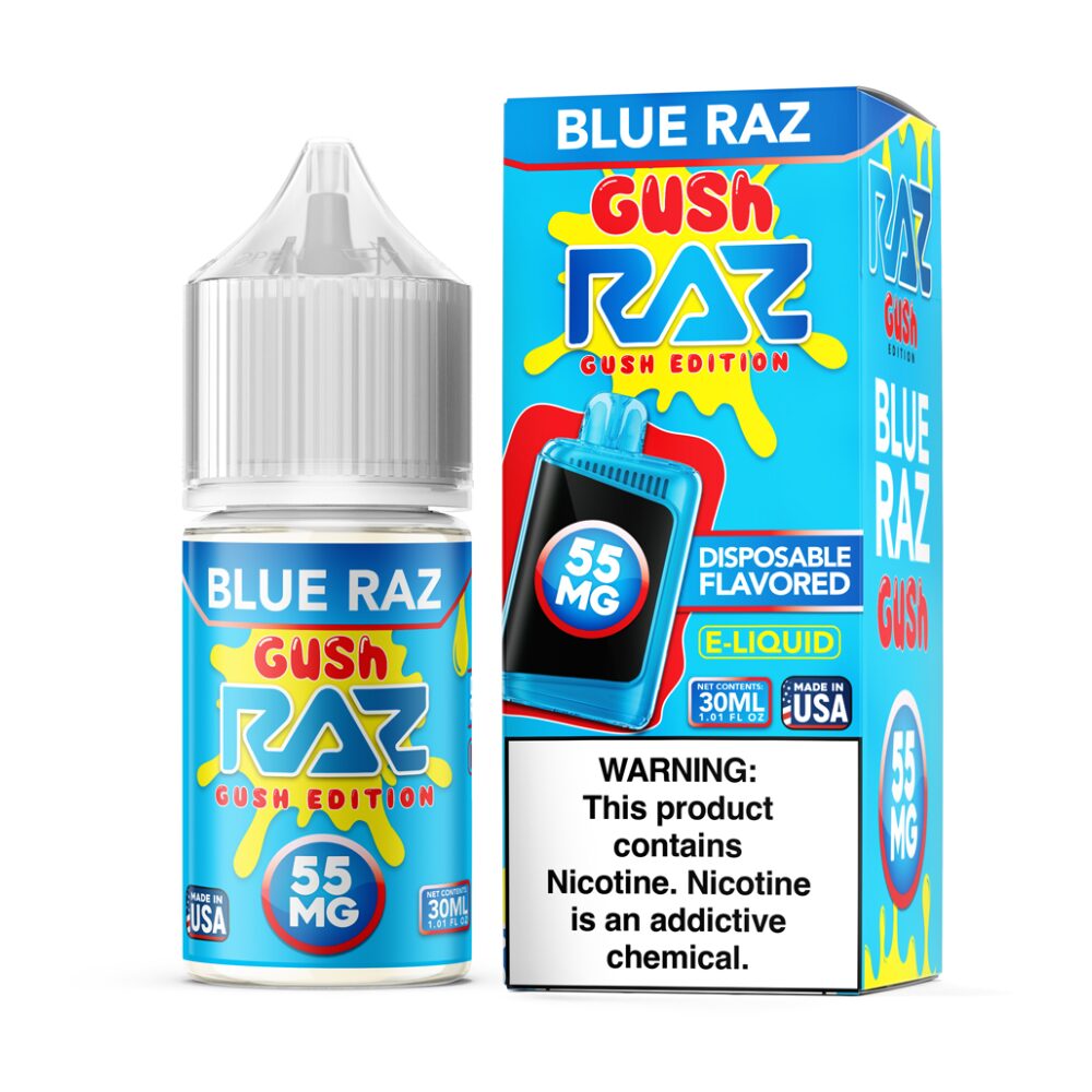Blue Razz Gush Pod Juice x RAZ Salts 30mL 55mg bottle with packaging