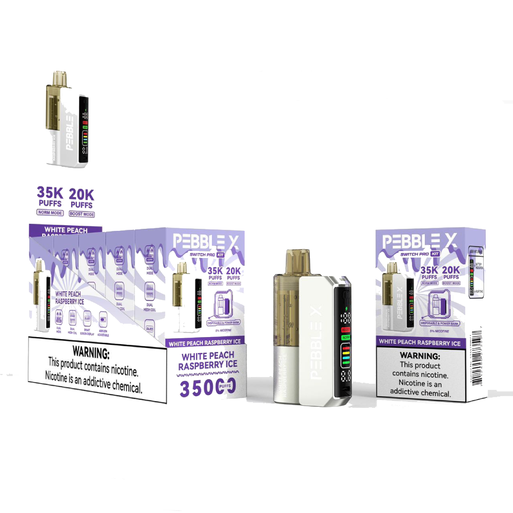 Pebble X Disposable + Power Dock White Peach Raspberry Ice with packaging