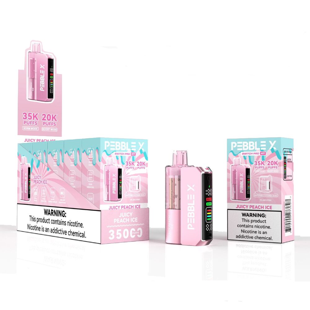 Pebble X Disposable + Power Dock Juicy Peach Ice with packaging