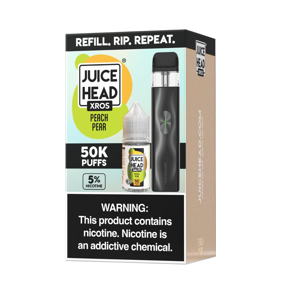 Vaporesso XROS 4 Mini Pod System + Juice Head 30mL (Collab Bundle) Peach Pear packaging