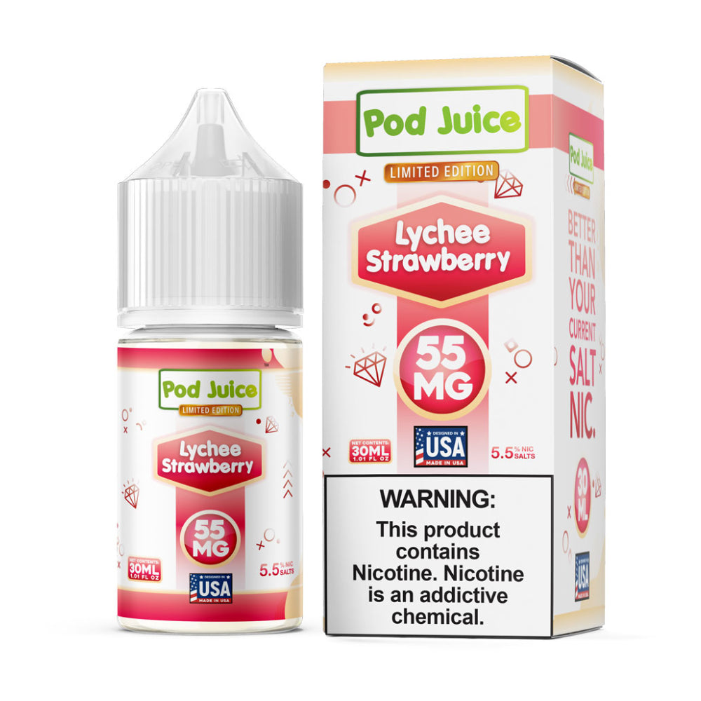 Lychee Strawberry Pod Juice TFN Salts 30mL Bottle with packaging