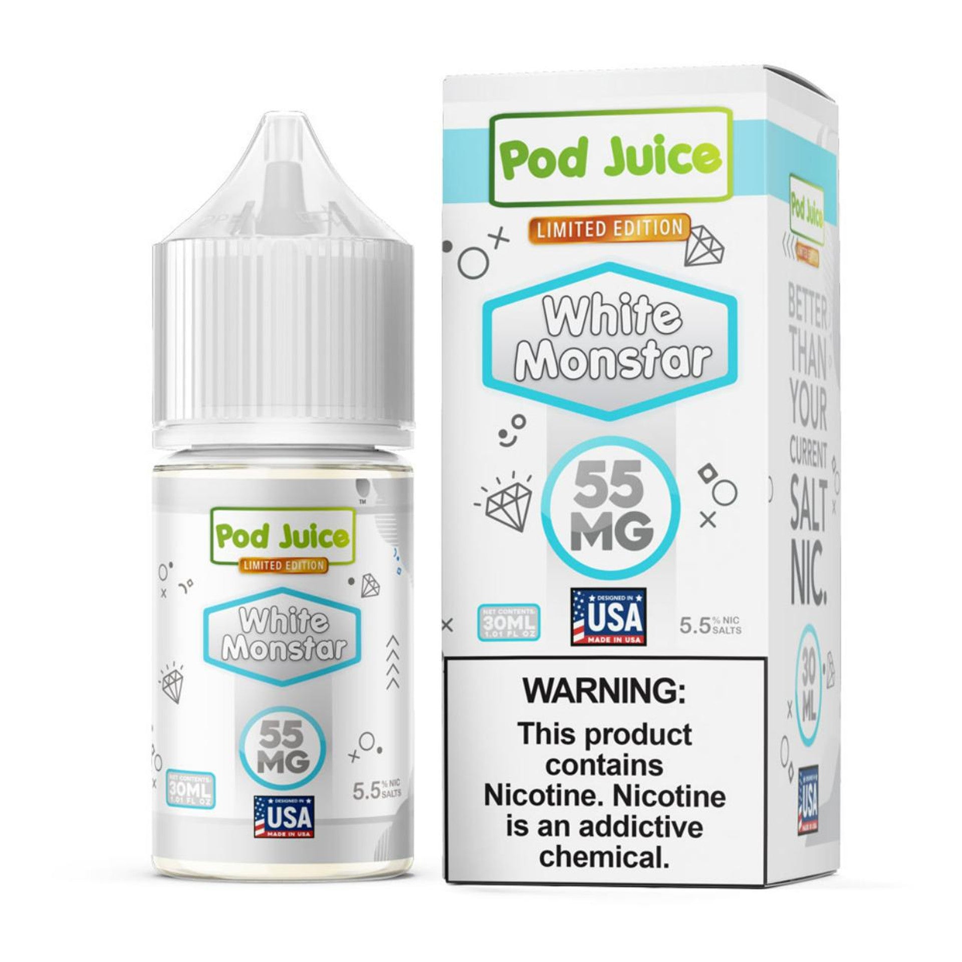 White Monstar Pod Juice TFN Salts 30mL with packaging