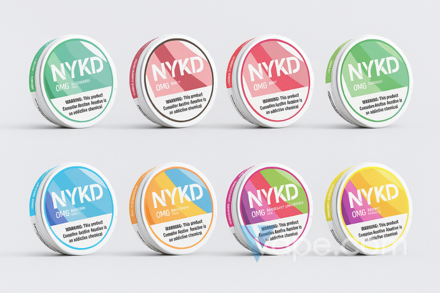 Eight NYKD nicotine pouch cans in assorted vibrant colors arranged in two rows on a minimalist light gray background, each featuring bold NYKD branding and product warning labels
