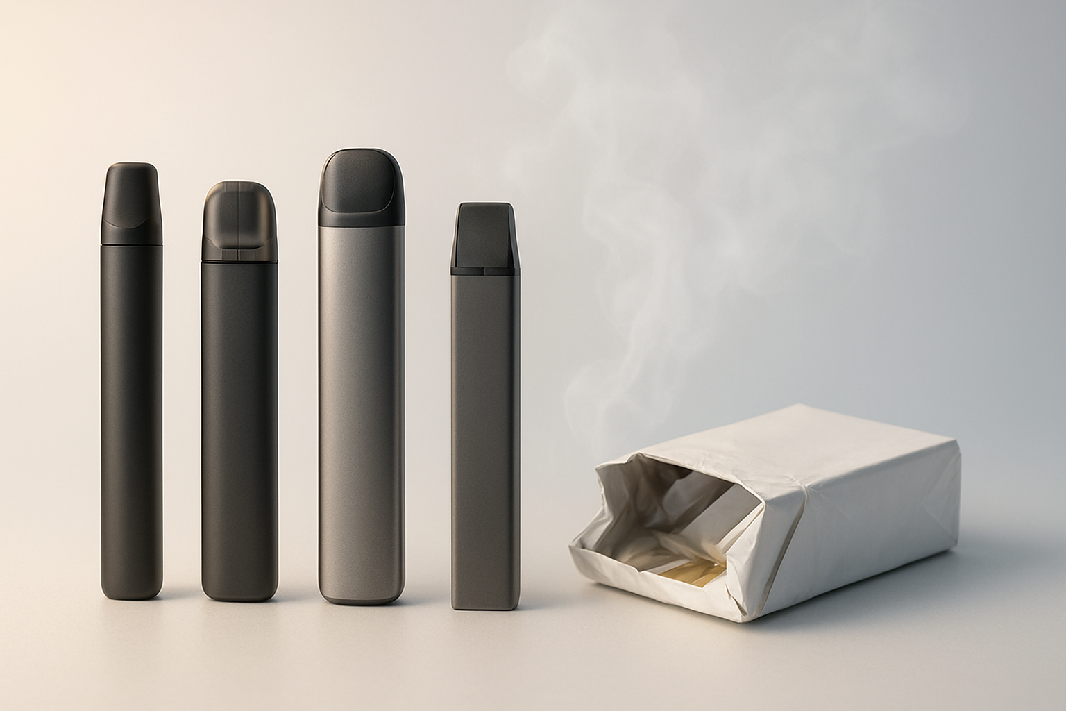Sleek vape devices beside a discarded cigarette pack with soft vapor, representing quitting smoking through vaping
