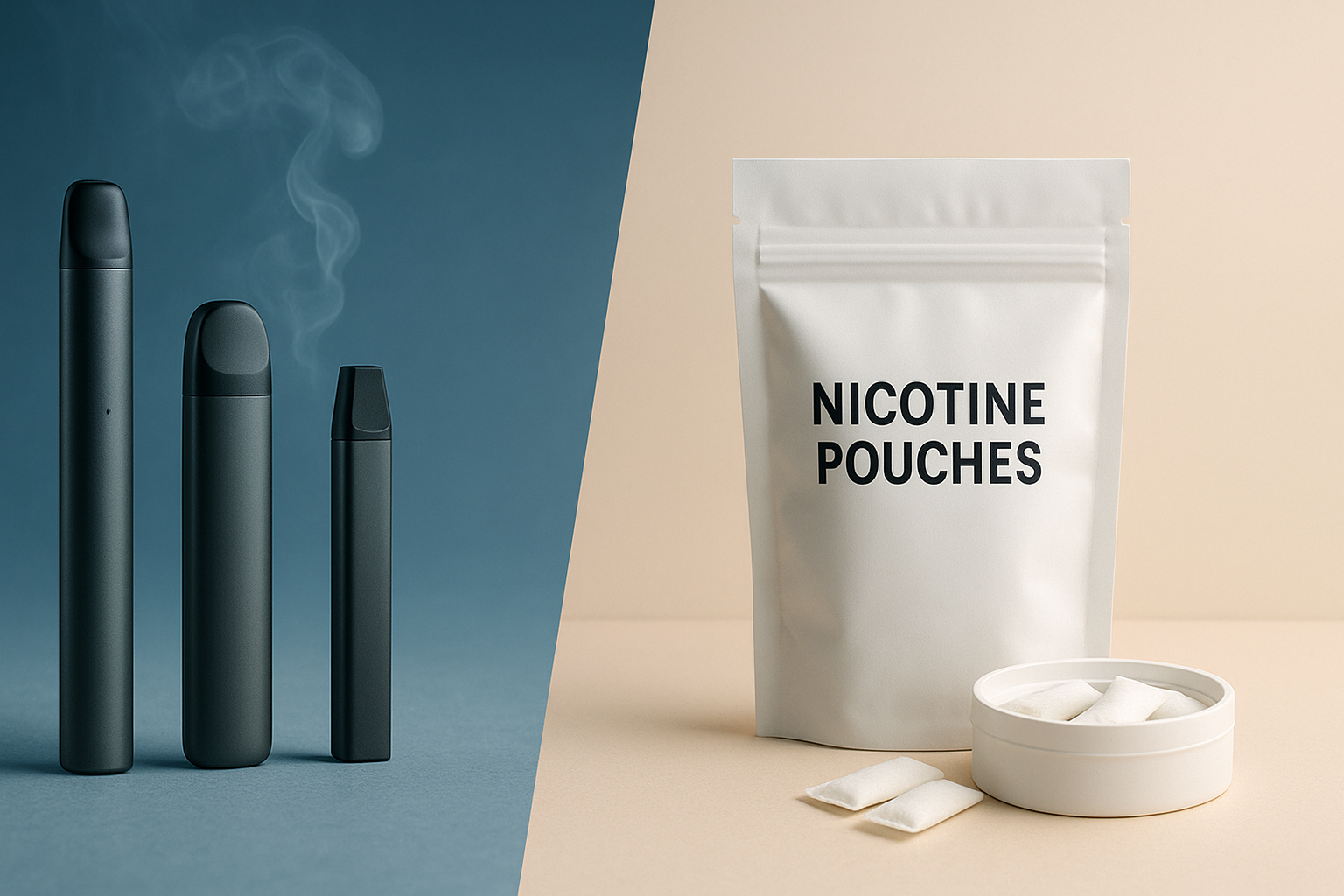 Nicotine pouches and e-cigarette devices side by side on a clean background, representing a health comparison between the two alternatives