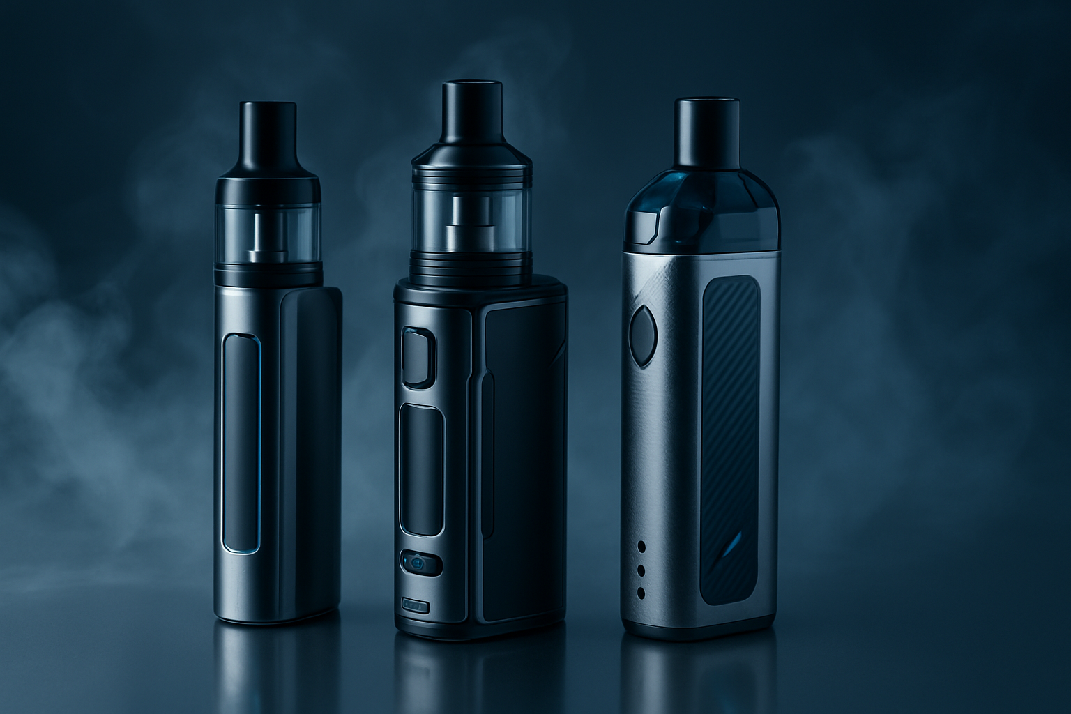 Three vape devices in dark colors, with smoke in the background