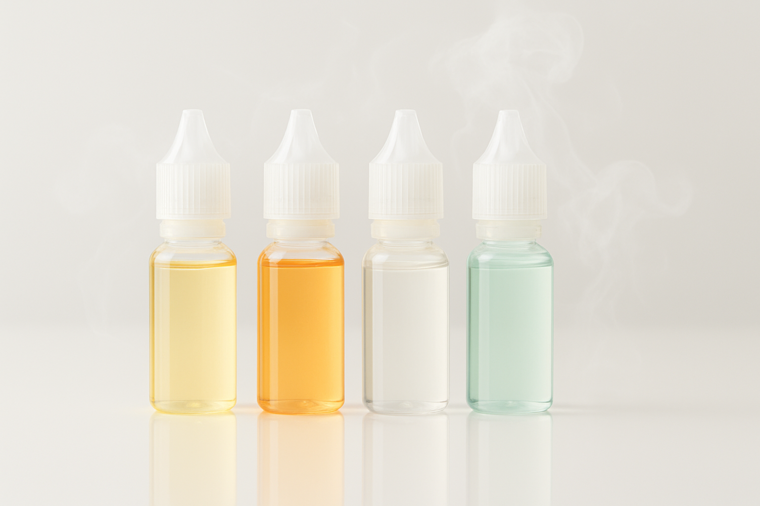 Four bottles of liquid in different colors: yellow, orange, clear, and light green, with mist above