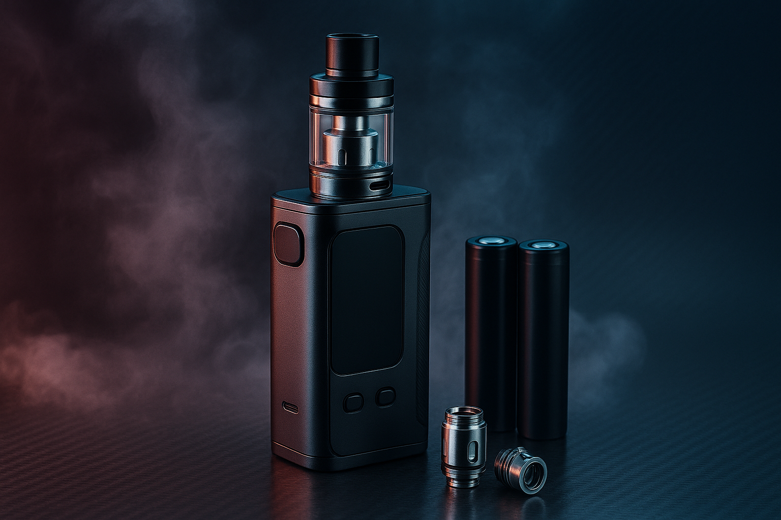 A black vape device with a tank, two batteries, and metal coil parts, surrounded by smoke