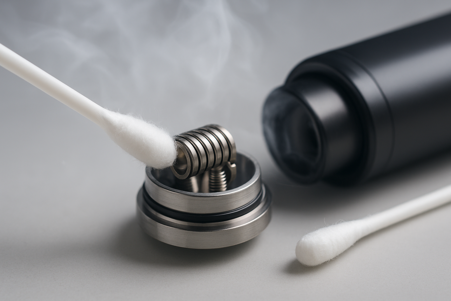 A close-up of a cotton swab touching a vape coil inside a tank, with vapor in the background