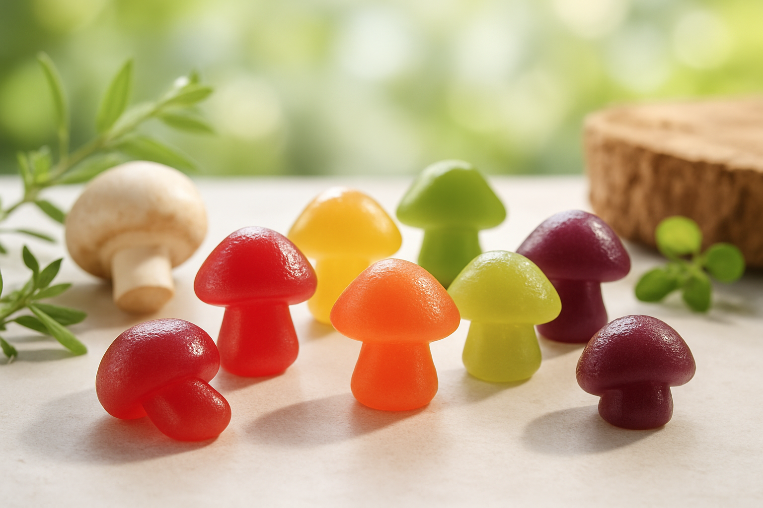 Colorful gummy mushrooms in red, yellow, green, and purple, surrounded by green leaves