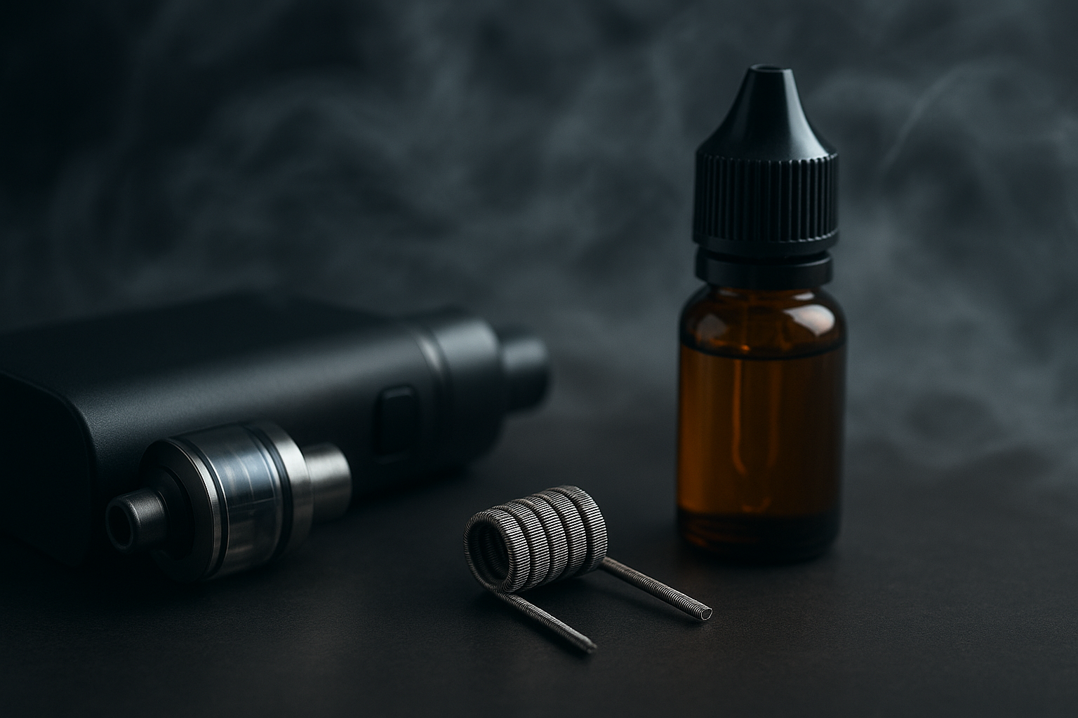 A vape device with an amber e-liquid bottle and coiling wires on a dark surface
