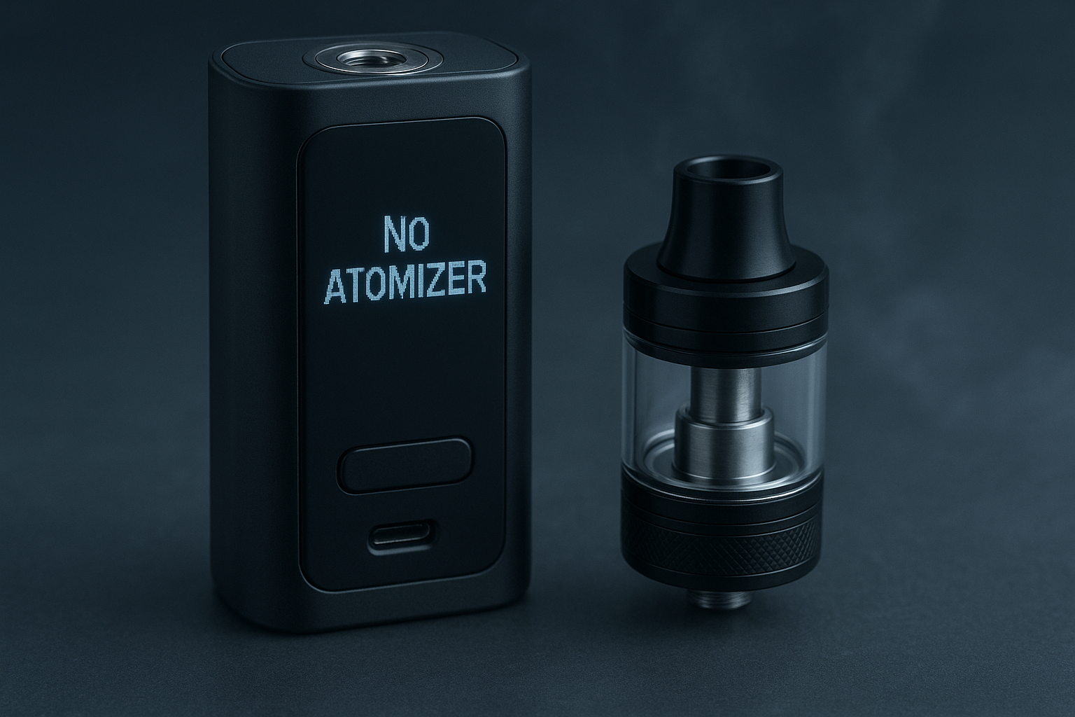 A black vape mod with a screen displaying 'NO ATOMIZER' next to a clear tank 