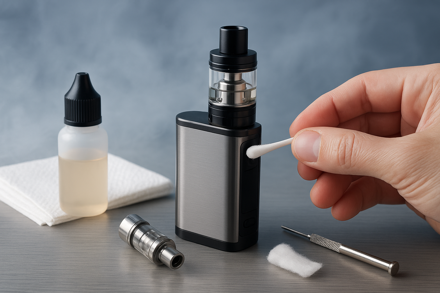 A person cleaning a vape device with a cotton swab, surrounded by e-liquid, a cotton pad, and tools